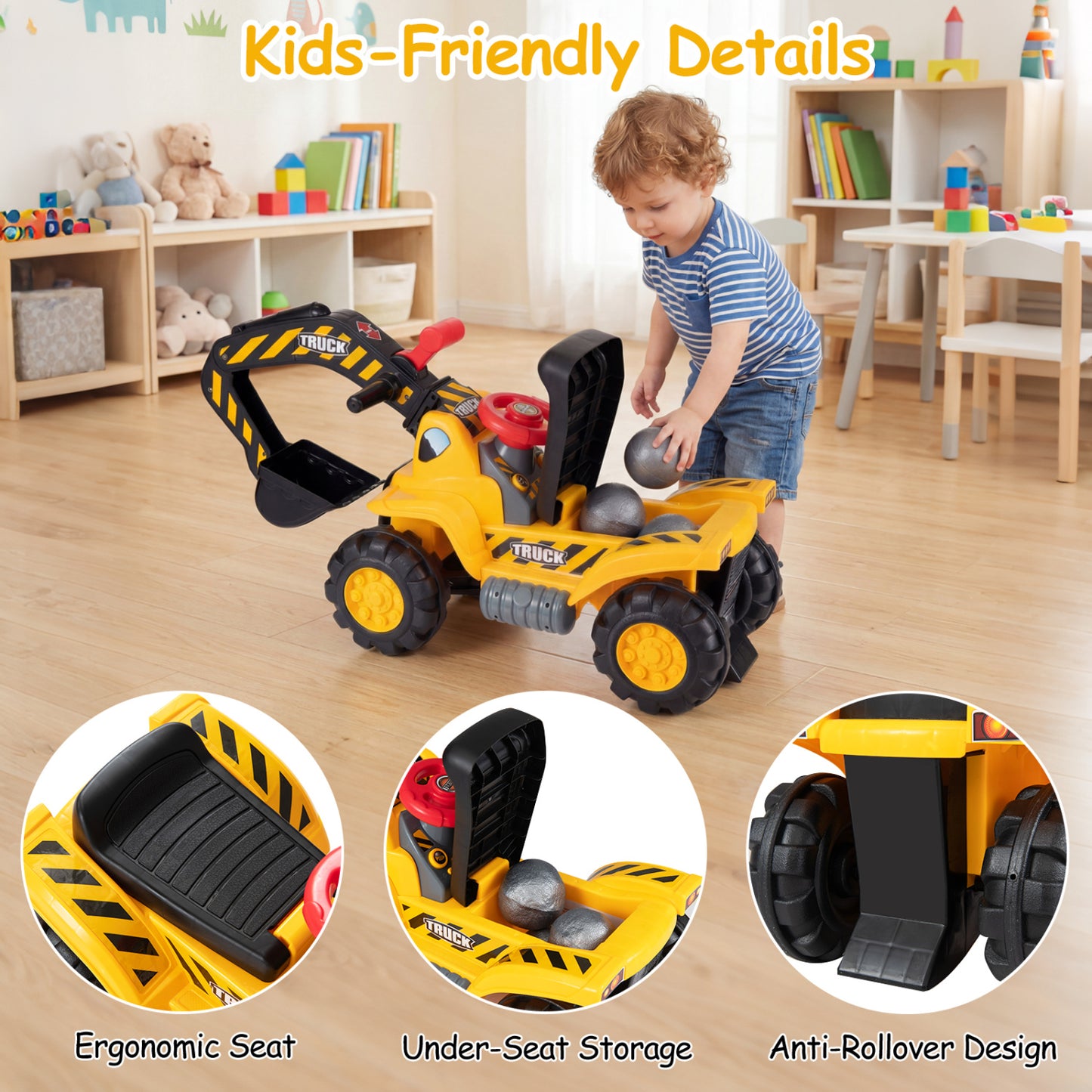 3-in-1 Ride on Excavator Bulldozer Detachable with Engine Sound and Helmet, Yellow Push & Pedal Ride On Toys at Gallery Canada