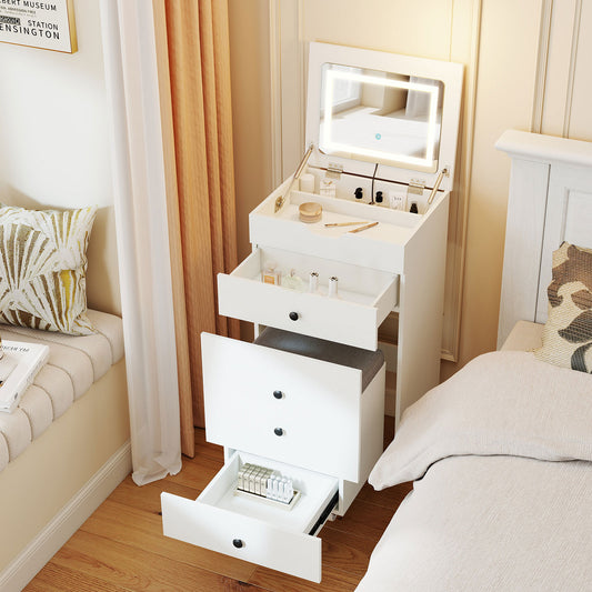 3-in-1 Small Vanity Desk Set with Flip-top Mirror and Lights with Drawers and Stool, White