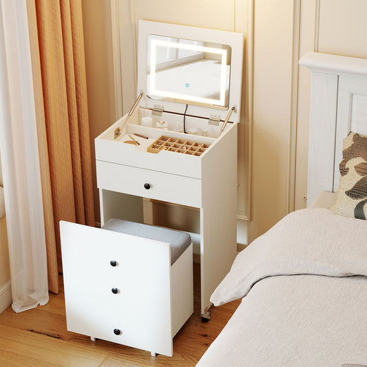 3-in-1 Small Vanity Desk Set with Flip-top Mirror and Lights with Drawers and Stool, White Makeup Vanities White at Gallery Canada