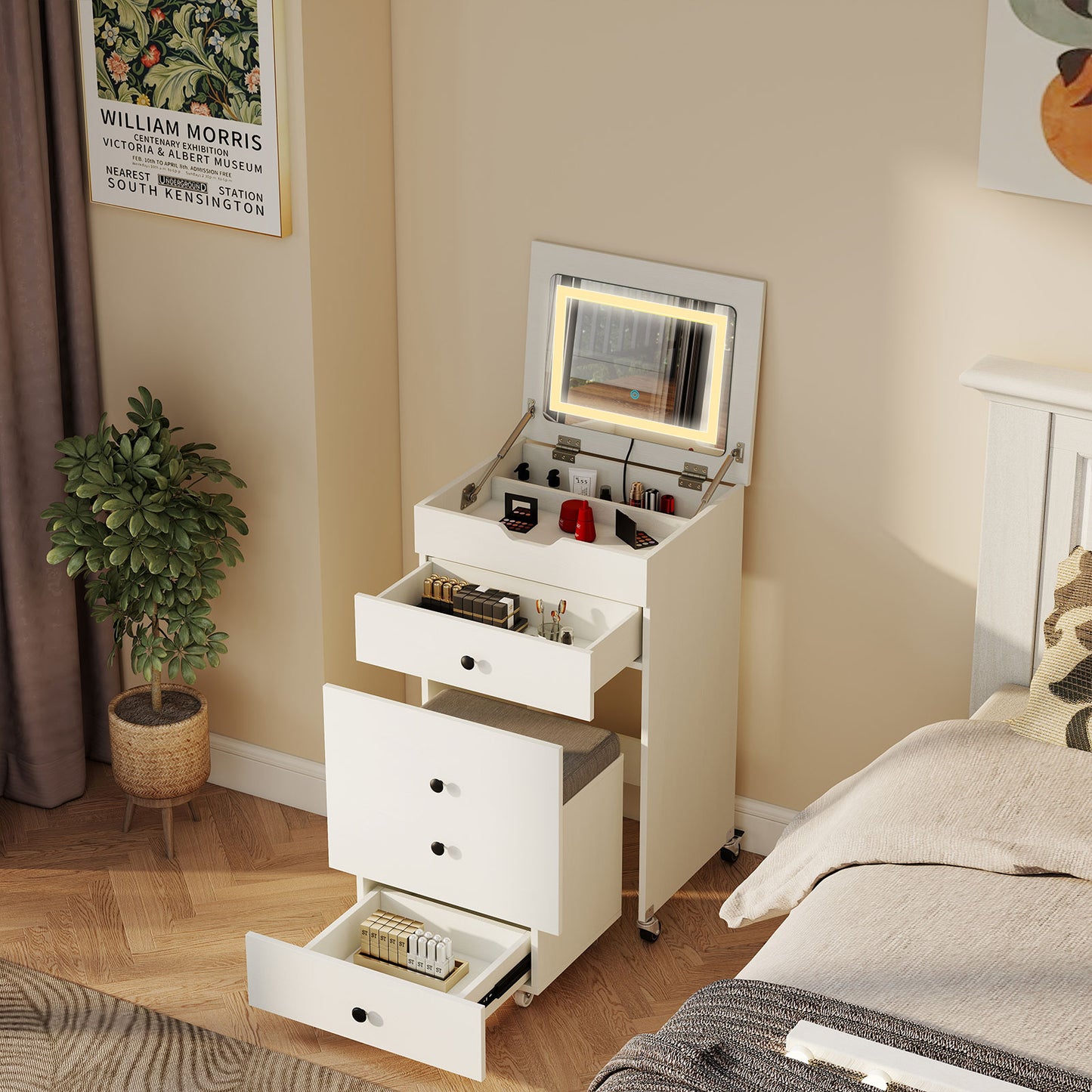 3-in-1 Small Vanity Desk Set with Flip-top Mirror and Lights with Drawers and Stool, White Makeup Vanities at Gallery Canada