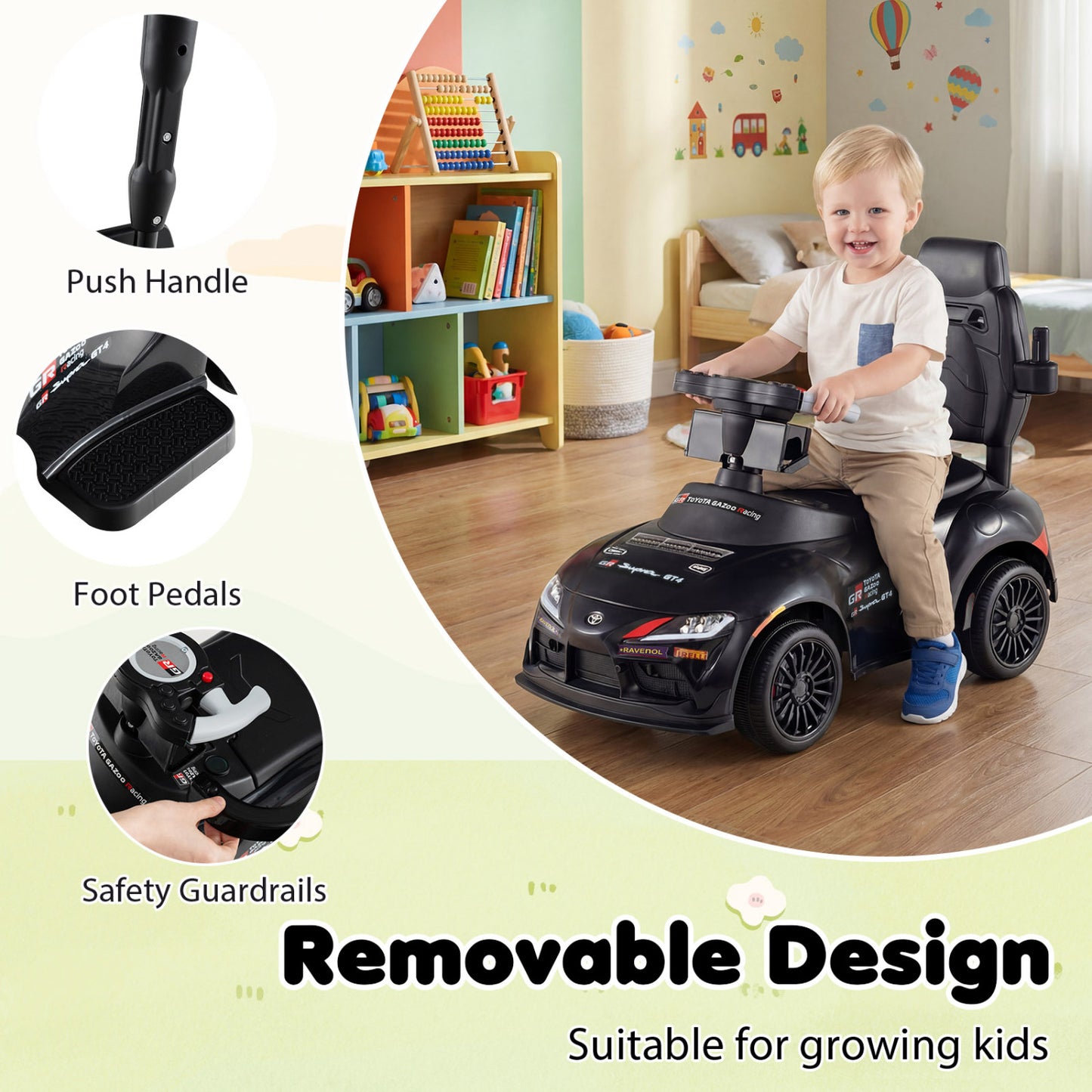 3-in-1 Toyota Licensed Foot-to-Floor Stroller Sliding Walking Toy, Black Push & Pedal Ride On Toys at Gallery Canada