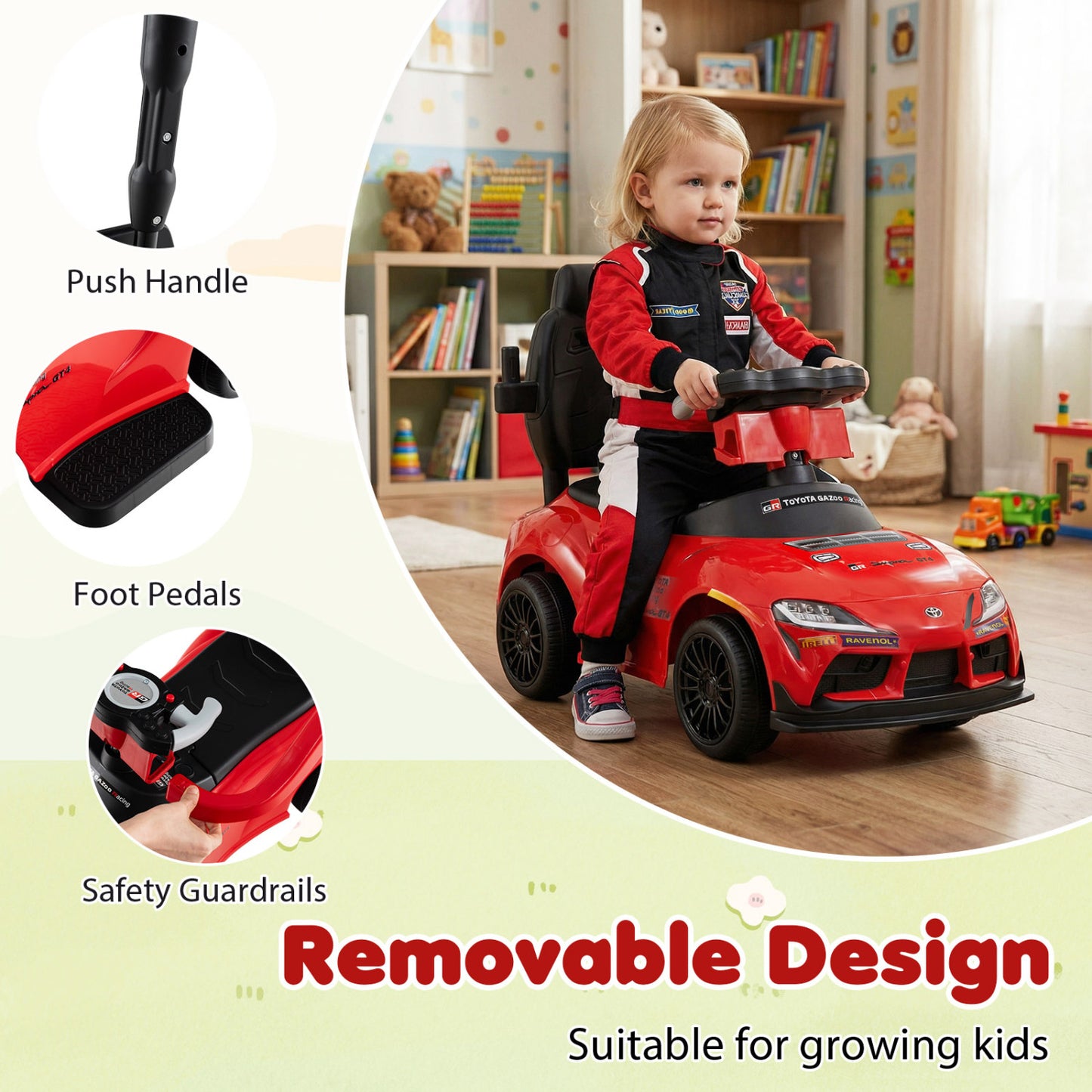 3-in-1 Toyota Licensed Foot-to-Floor Stroller Sliding Walking Toy, Red Push & Pedal Ride On Toys at Gallery Canada