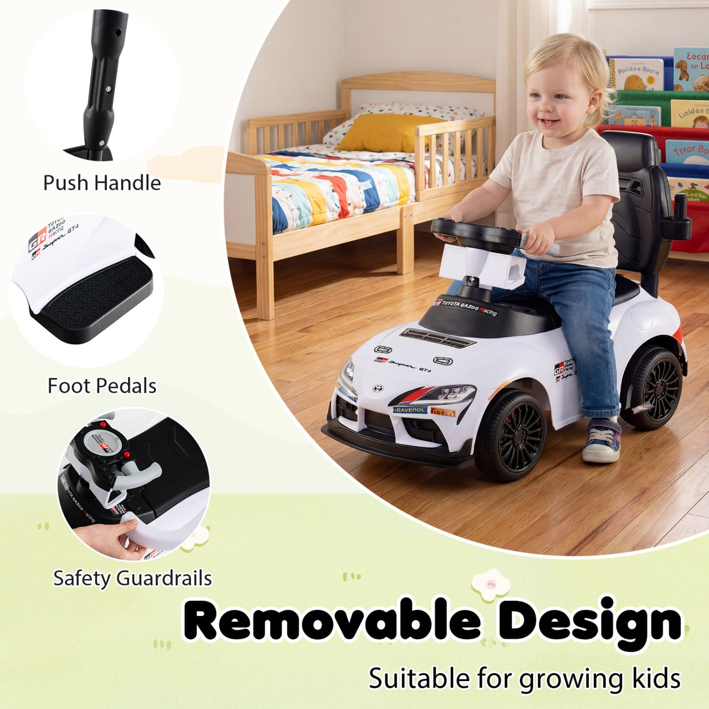 3-in-1 Toyota Licensed Foot-to-Floor Stroller Sliding Walking Toy, White Push & Pedal Ride On Toys at Gallery Canada