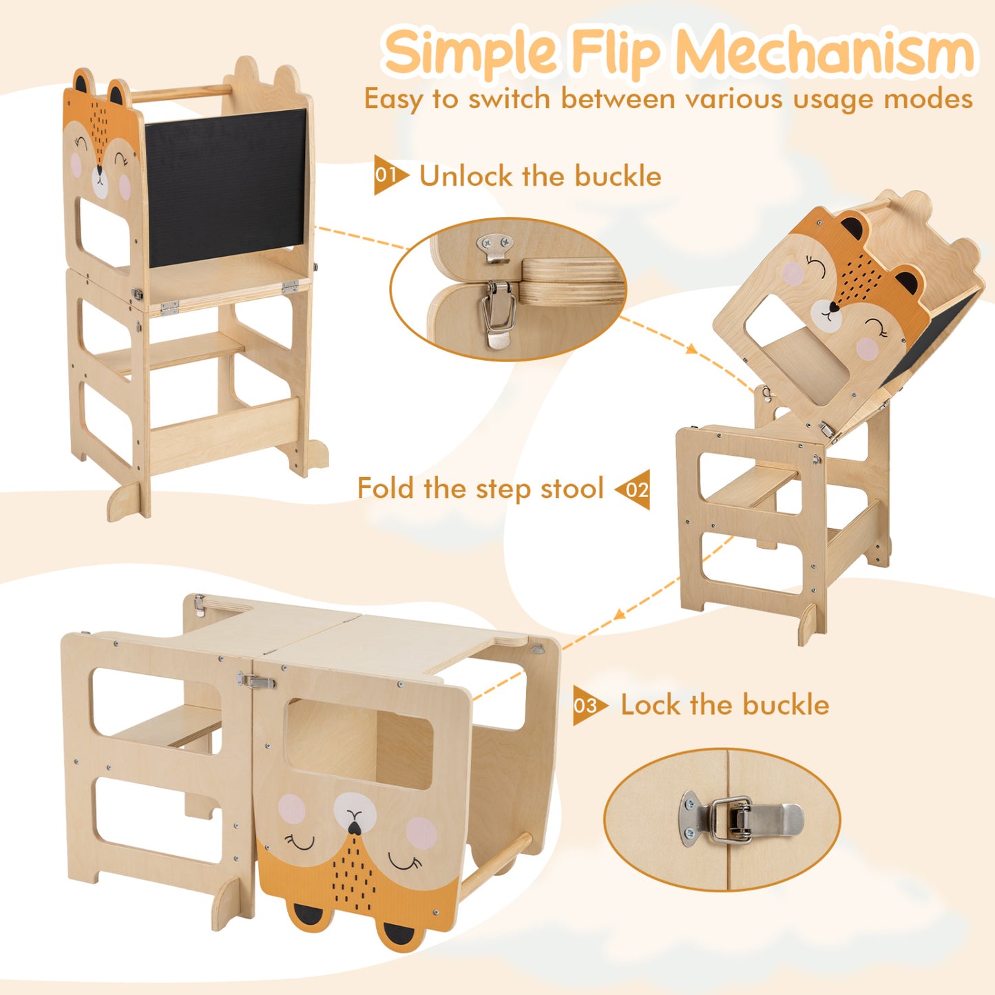 3-in-1 Wooden Kids Kitchen Step Stool, Orange