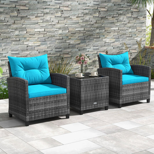 Outdoor Wicker Conversation Set, 3 Pieces, Tempered Glass Tabletop, Turquoise