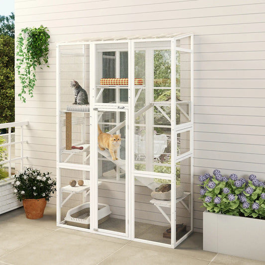 Wooden Catio Outdoor Cat Enclosure, 6 Platforms, Scratching Post, 2 Ramps, Waterproof Roof, White Outdoor Cat Enclosures White at Gallery Canada