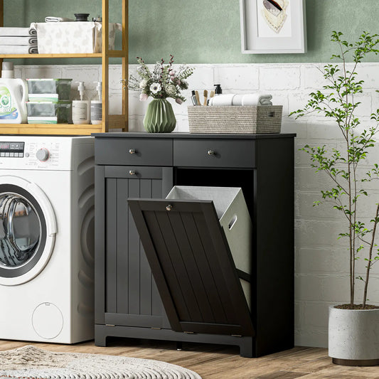 Laundry Cabinet, Tilt Out Hamper with 2 Baskets, 2 Drawers, Black Bathroom Cabinets Black at Gallery Canada