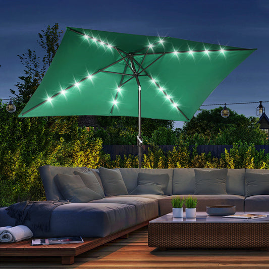 6.5x10ft Solar Powered Rectangle Patio Umbrella, Tilt Aluminum, Dark Green Sun Umbrellas Dark Green (polyester fabric), Dark Brown (umbrella pole) at Gallery Canada