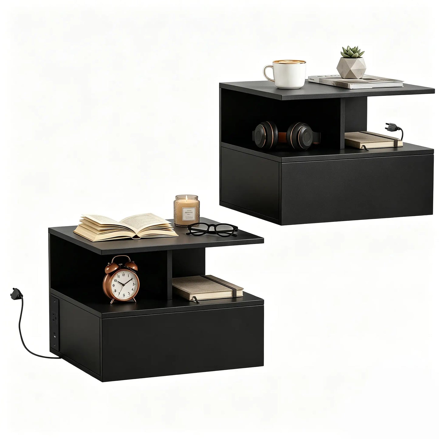 Floating Nightstand Set of 2, Wall Mounted Bedside Table with with Power Outlets, Drawer and Shelf, Black