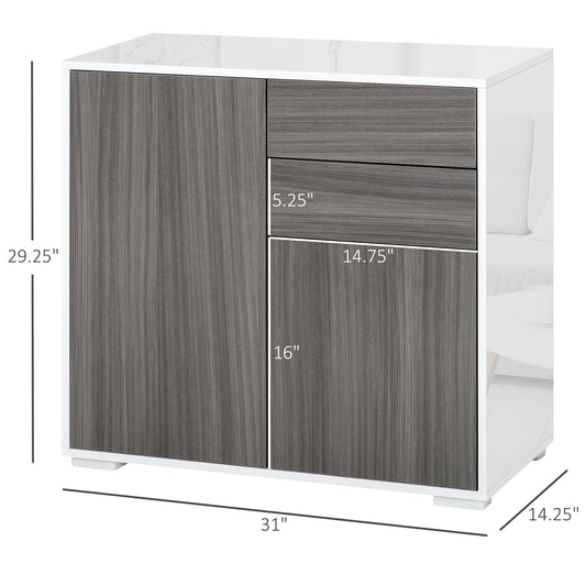 High Gloss Buffet Sideboard with 2 Drawers, 2 Doors and Adjustable Shelf, Kitchen Storage Cabinet with Push Open Design, Grey and White - Gallery Canada