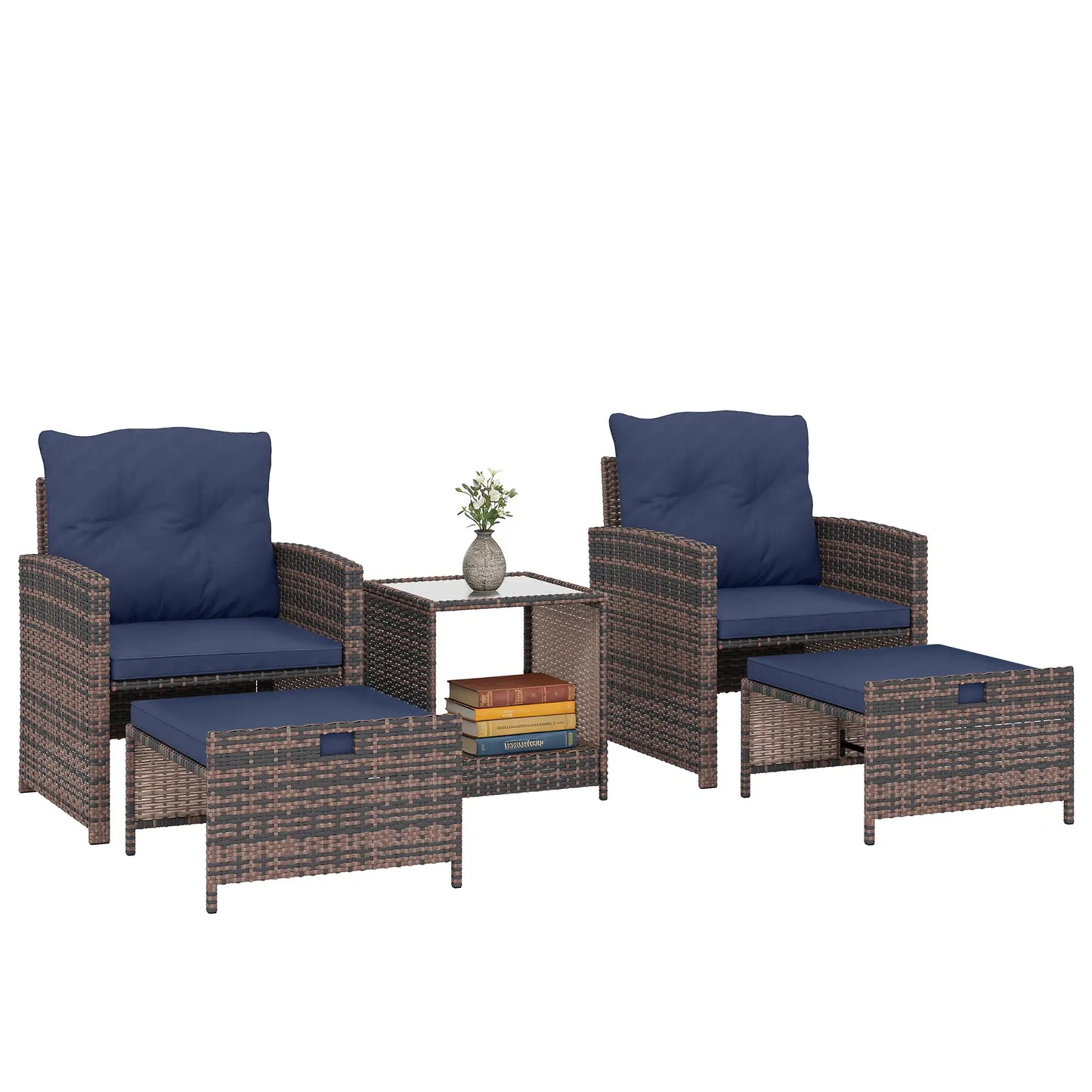 5 Piece Patio Set, Wicker Chairs With Ottomans, Glass Coffee Table, Brown/Dark Blue Patio Furniture Sets at Gallery Canada