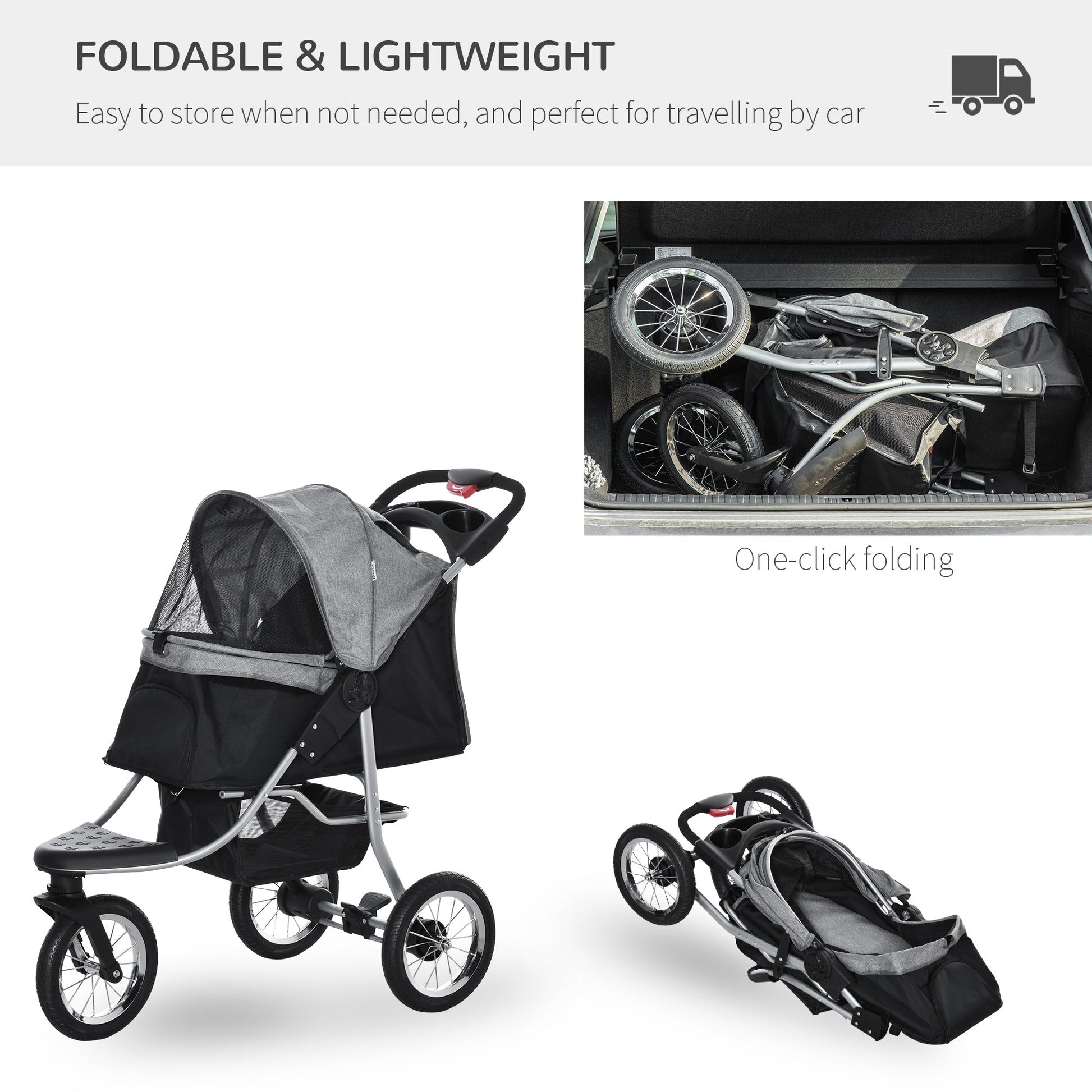 Pet Stroller with 3 Wheels, One-click Folding Design, Adjustable Canopy, Zippered Mesh Window Door, Grey at Gallery Canada