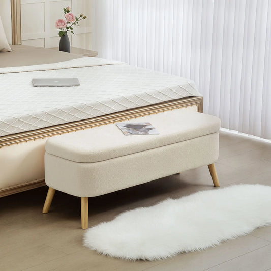 47 Inches Storage Ottoman Bench, Upholstered Teddy Fleece, Beige Storage Ottomans & Benches Beige at Gallery Canada