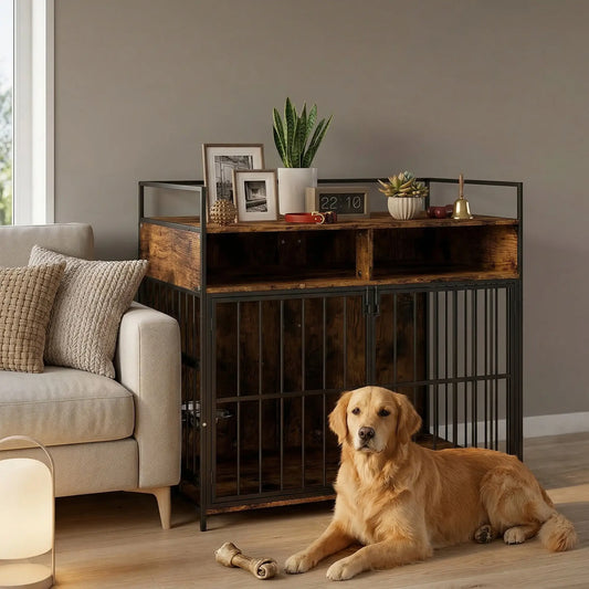 Dog Crate Furniture With Rotating Feeding Station, Rustic Brown Dog Cages & Crates Rustic Brown, Black at Gallery Canada