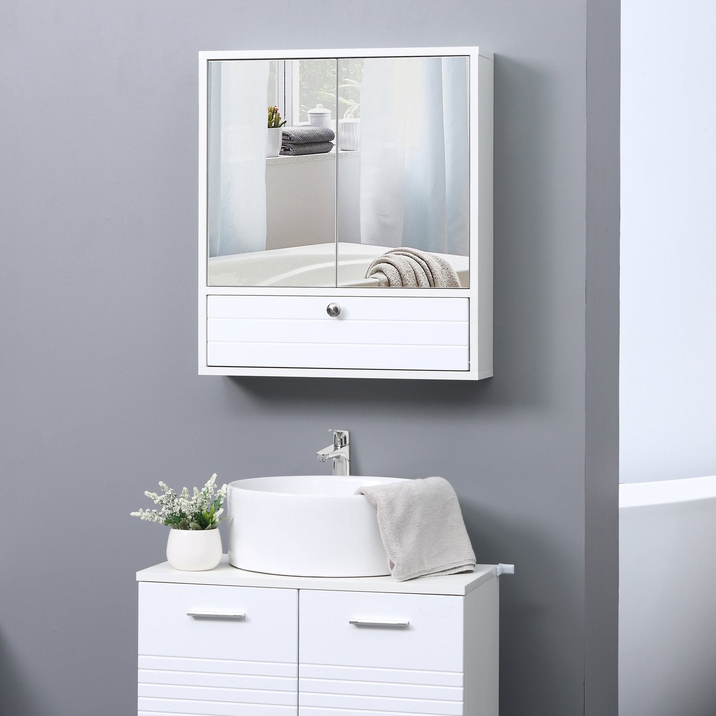 Bathroom Medicine Cabinet with Mirror, Wall Mounted Mirror Cabinet with Double Door, Storage Drawer and Adjustable Shelf, White at Gallery Canada