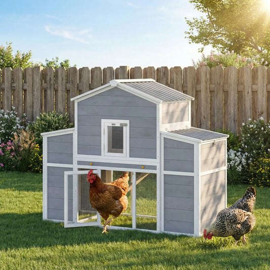 66.5" Large Chicken Coop, Wooden House, 2 Nesting Boxes, Sliding Tray, Ramp Chicken Coops Grey, White, Black at Gallery Canada