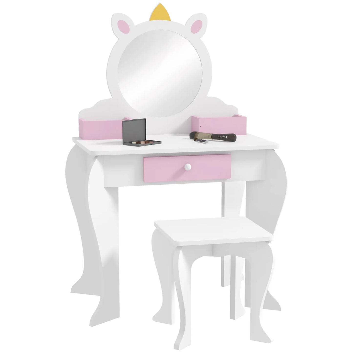 Kids Makeup Vanity Set with Stool, Mirror, Drawer, Unicorn Design, White Toy Vanity at Gallery Canada