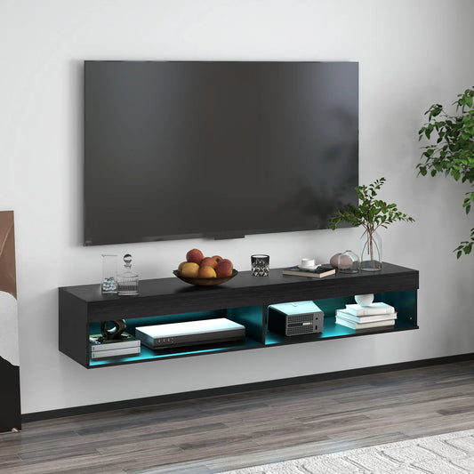 Wall Mounted TV Stand with Storage, LED Lights, 75", Black TV Stands Black at Gallery Canada