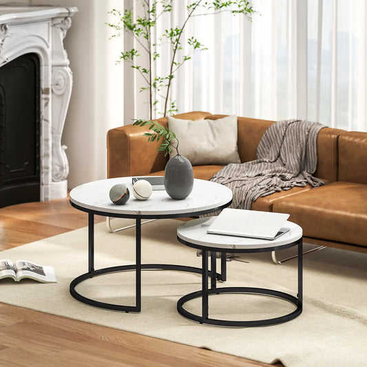 Modern Coffee Table Set of 2, Nesting Side Tables, Metal Base, Faux Marbled, White Coffee Tables White at Gallery Canada