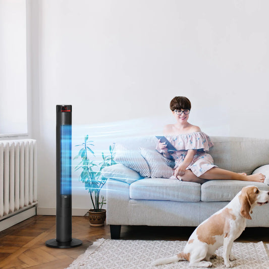 Freestanding Tower Fan, 3 Speed, 12h Timer, Oscillating, LED, Remote, Black Tower Fans Black at Gallery Canada
