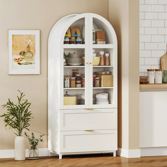 71" Tall White Arched Kitchen Pantry Cabinet, Shelves, 2 Drawers, Acrylic Doors, White