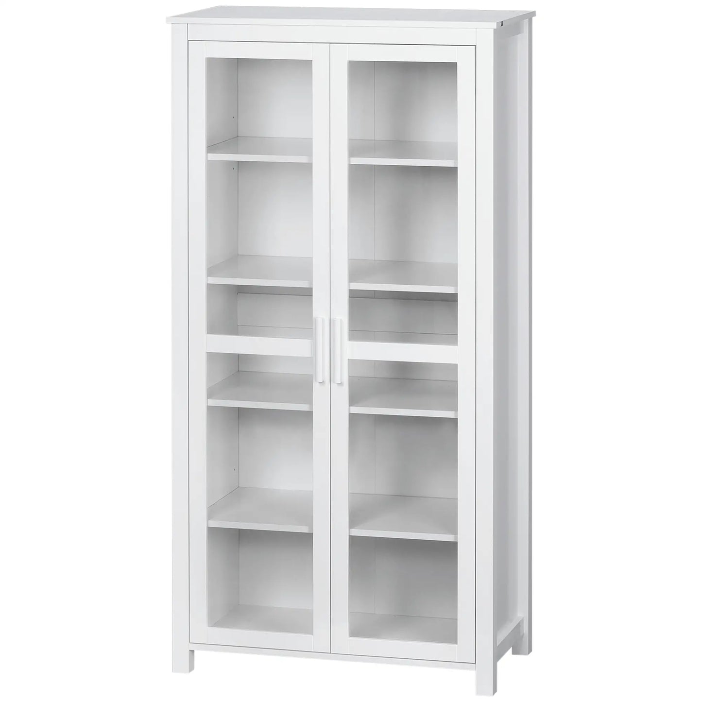 Freestanding Kitchen Pantry, 5-Tier Storage Cabinet, Adjustable Shelves, 2 Glass Doors, White