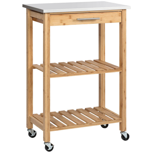 Bamboo Kitchen Cart, Kitchen Island with Stainless Steel Top, Drawer and Slatted Shelves for Dining Room, Natural at Gallery Canada