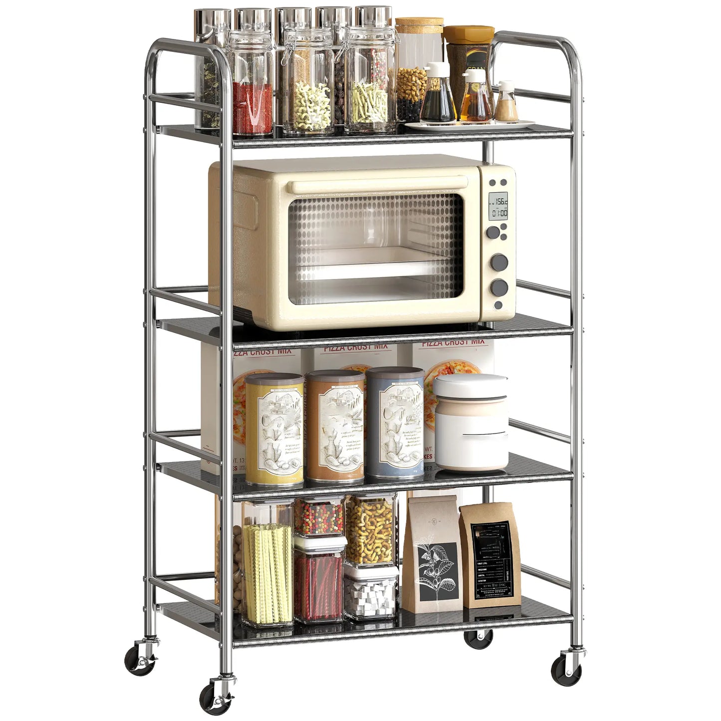 4 Tier Stainless Steel Rolling Cart, Adjustable Shelves, Wheels, Silver Kitchen Islands & Kitchen Carts at Gallery Canada