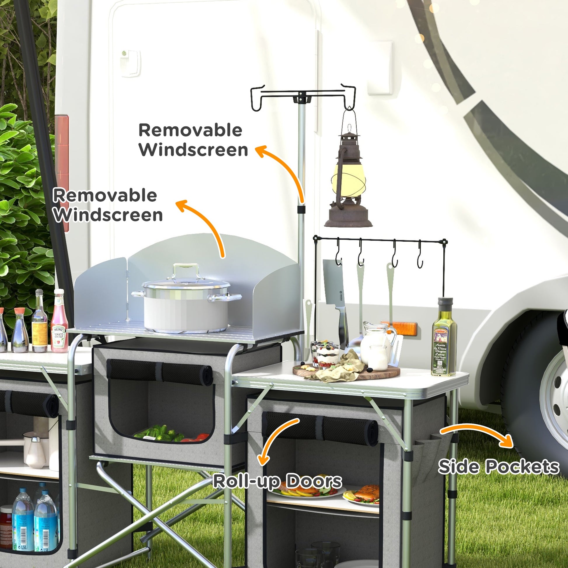 Aluminum Camping Kitchen, Portable Folding Camping Table with Fabric Cupboards, Windshield, Bag for BBQ, Picnic, Grey at Gallery Canada