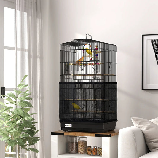 Cage à oiseaux "36" avec accessoires, poignée, couverture en maille, noir