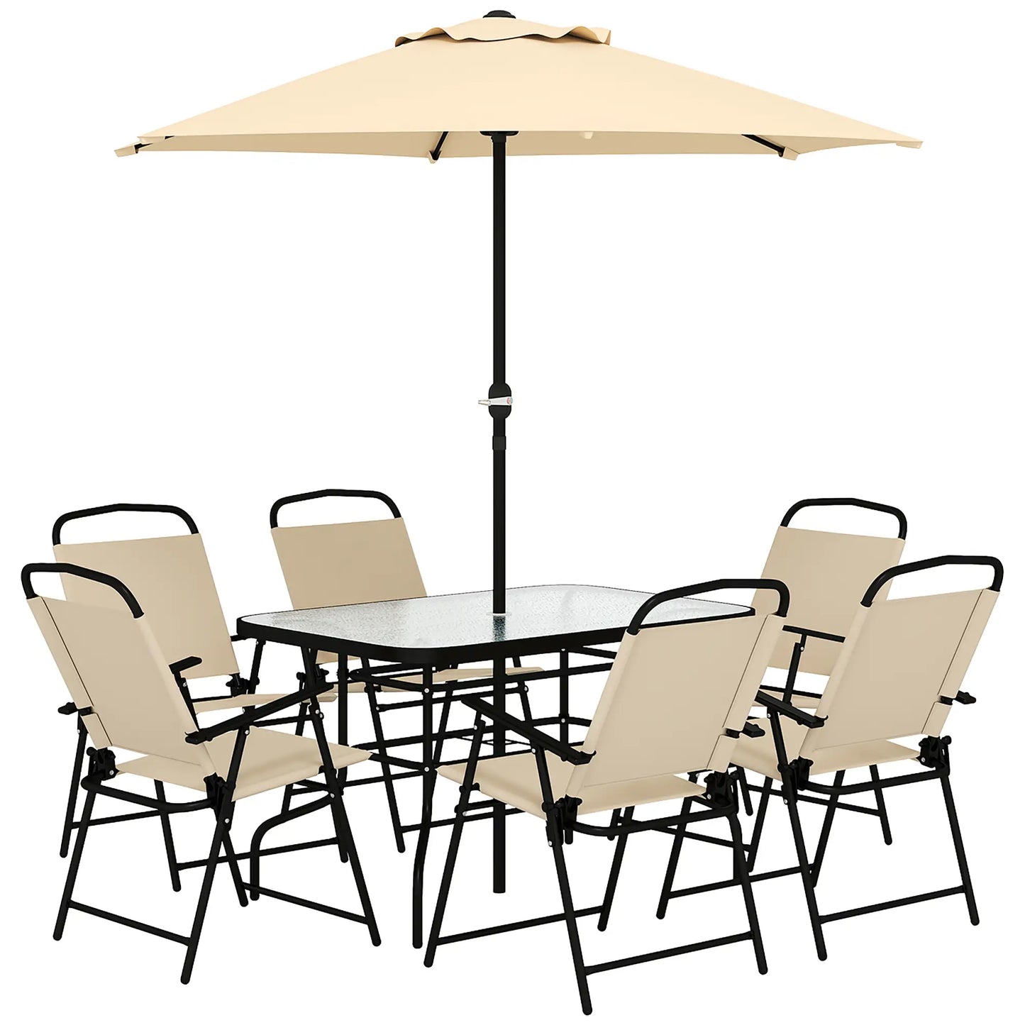 8 PCS Folding Patio Dining Set, 47" Table with 6 Chairs, 7' Umbrella, Beige Outdoor Dining Sets at Gallery Canada