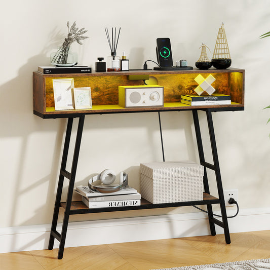 40" Console Table with Charging Station and LED Lights, Rustic Brown Console Tables Rustic Brown at Gallery Canada