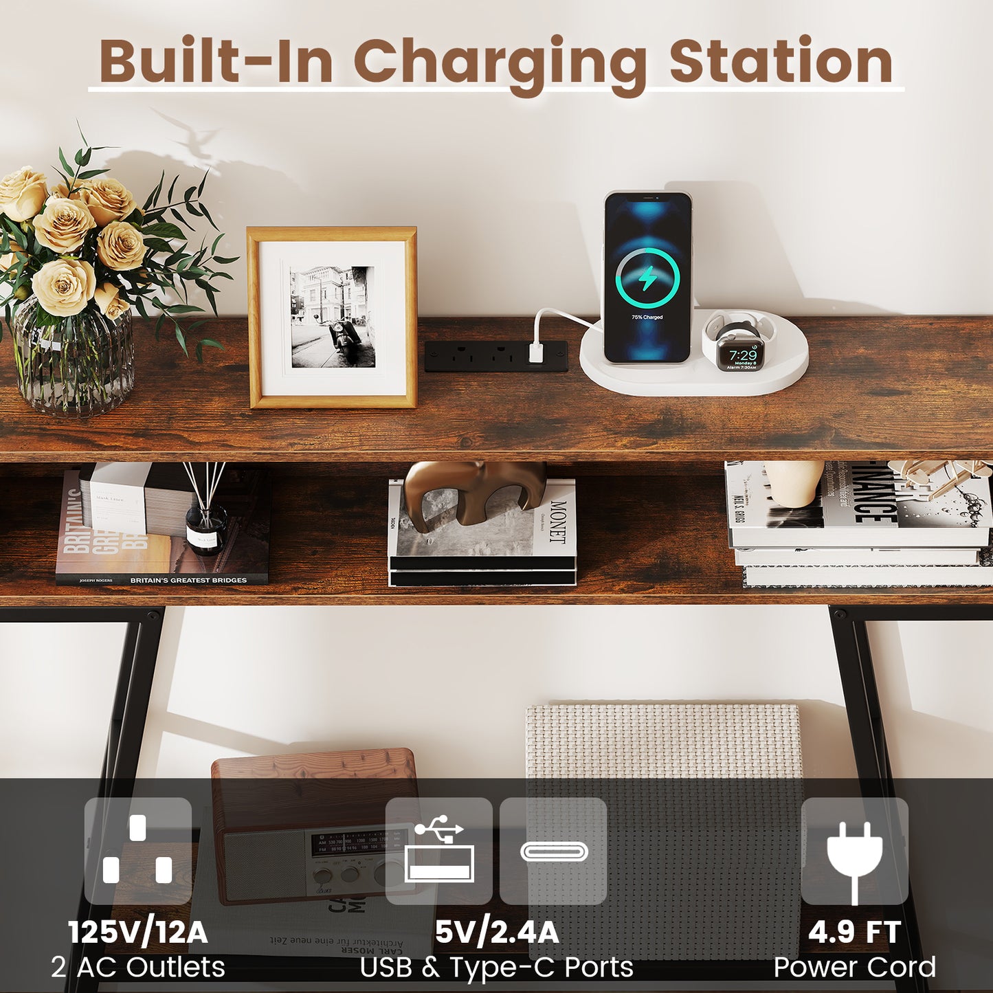 40" Console Table with Charging Station and LED Lights, Rustic Brown Console Tables at Gallery Canada