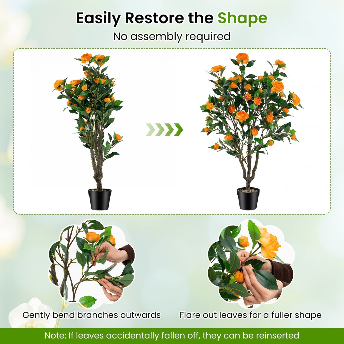 40 Inch Artificial Camellia Tree, 37 Flowers, River Stones, Orange Faux Plants at Gallery Canada