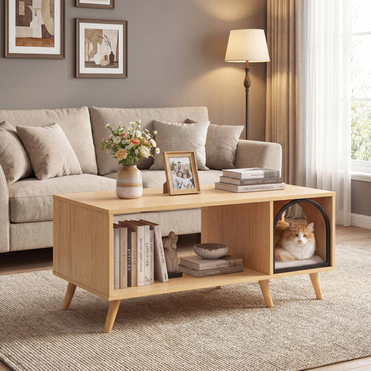 40 Inch Coffee Table Cat House 2-in-1 Wooden Kitten Furniture with Open Storage Shelf, Natural Cat Houses Natural at Gallery Canada