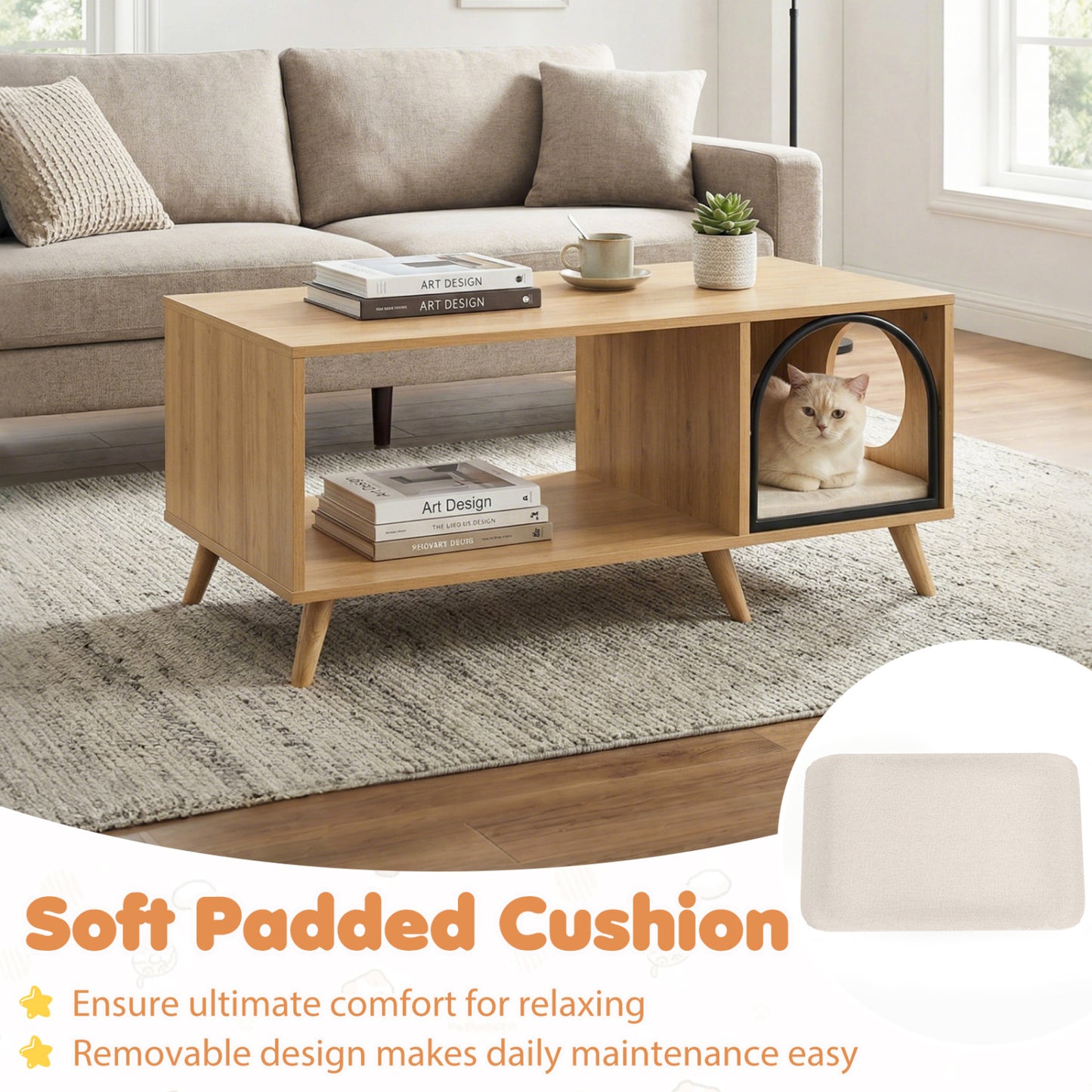 40 Inch Coffee Table Cat House 2-in-1 Wooden Kitten Furniture with Open Storage Shelf, Natural Cat Houses at Gallery Canada