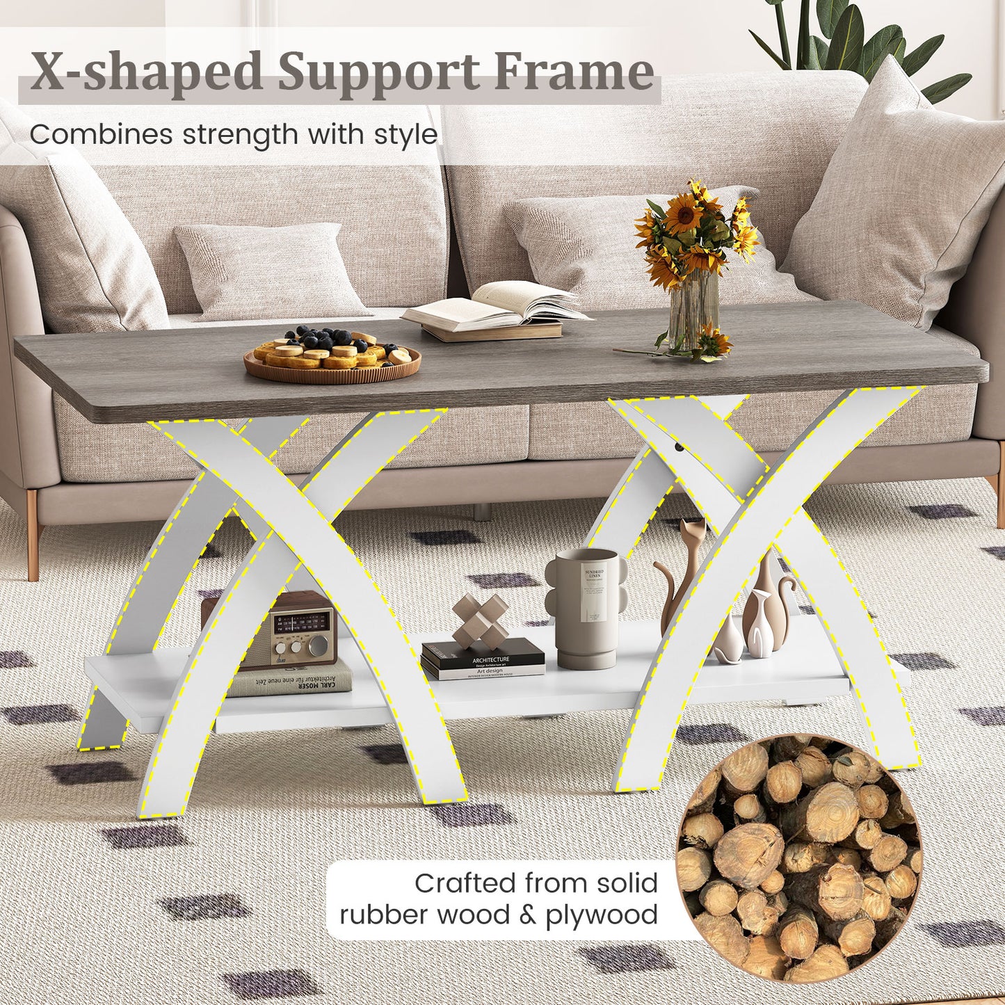 40 Inch Wooden Coffee Table With Storage Shelf, X-Shaped Legs, Gray Coffee Tables at Gallery Canada