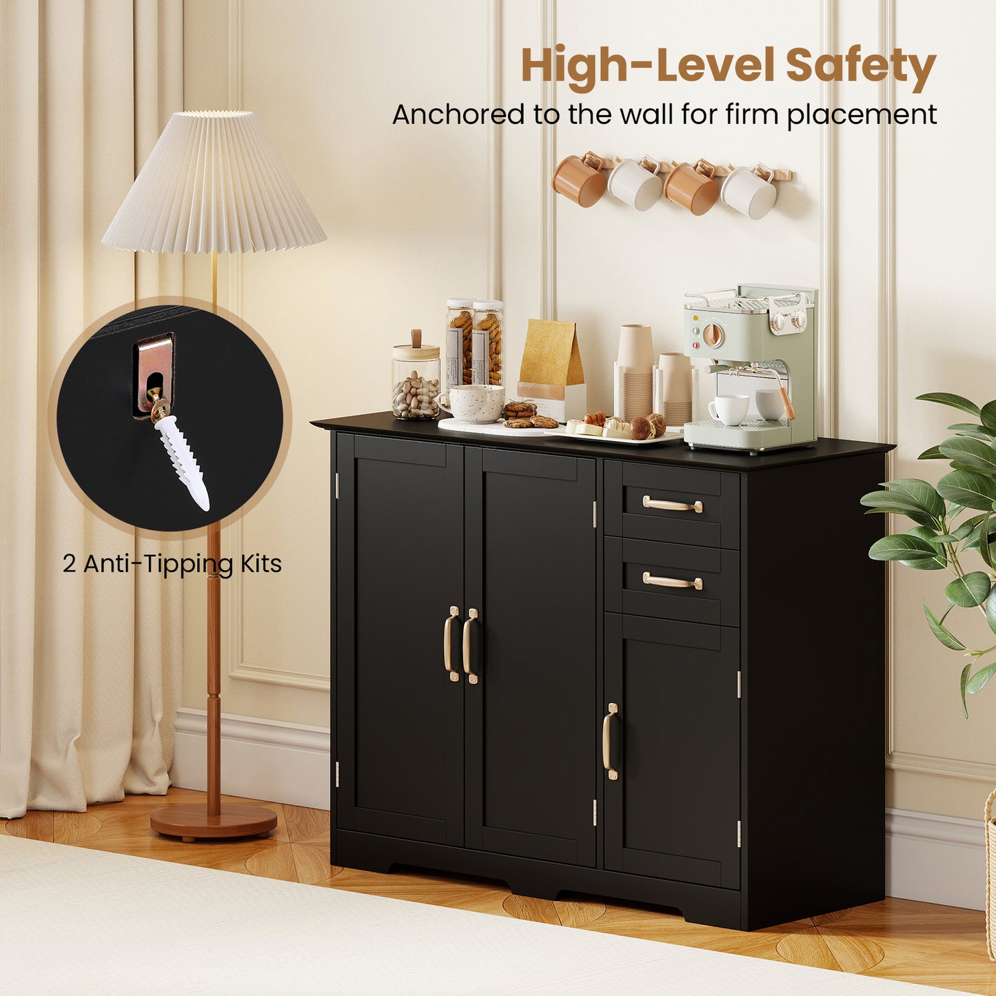 40 Inch Modern Kitchen Sideboard Buffet Cabinet with 2 Drawers and Adjustable Shelf, Black Sideboards Cabinets & Buffets at Gallery Canada