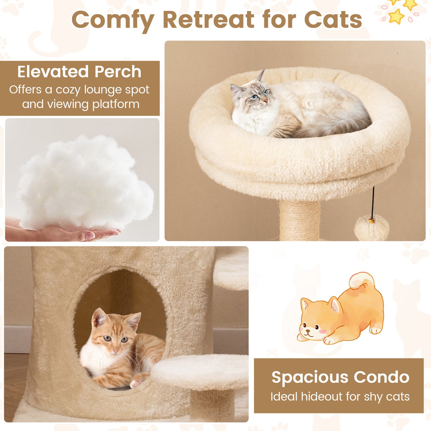 40 Inch Multi-level Cat Tower with Condo and Dangling Jingle Ball-BE, Beige Cat Trees Condos & Scratchers at Gallery Canada