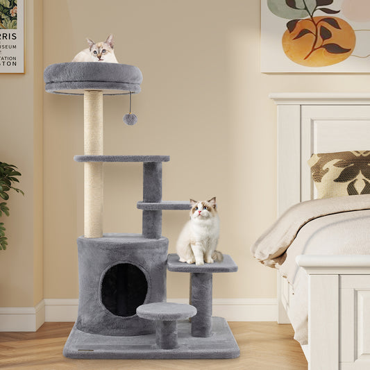 40 Inch Multi-level Cat Tower with Condo and Dangling Jingle Ball-GR, Gray Cat Trees Condos & Scratchers Gray at Gallery Canada