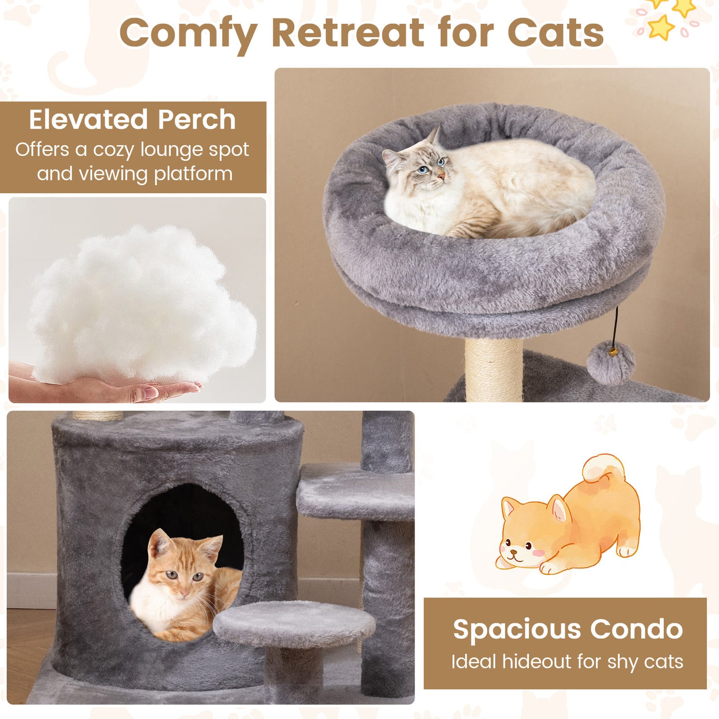40 Inch Multi-level Cat Tower with Condo and Dangling Jingle Ball-GR, Gray Cat Trees Condos & Scratchers at Gallery Canada