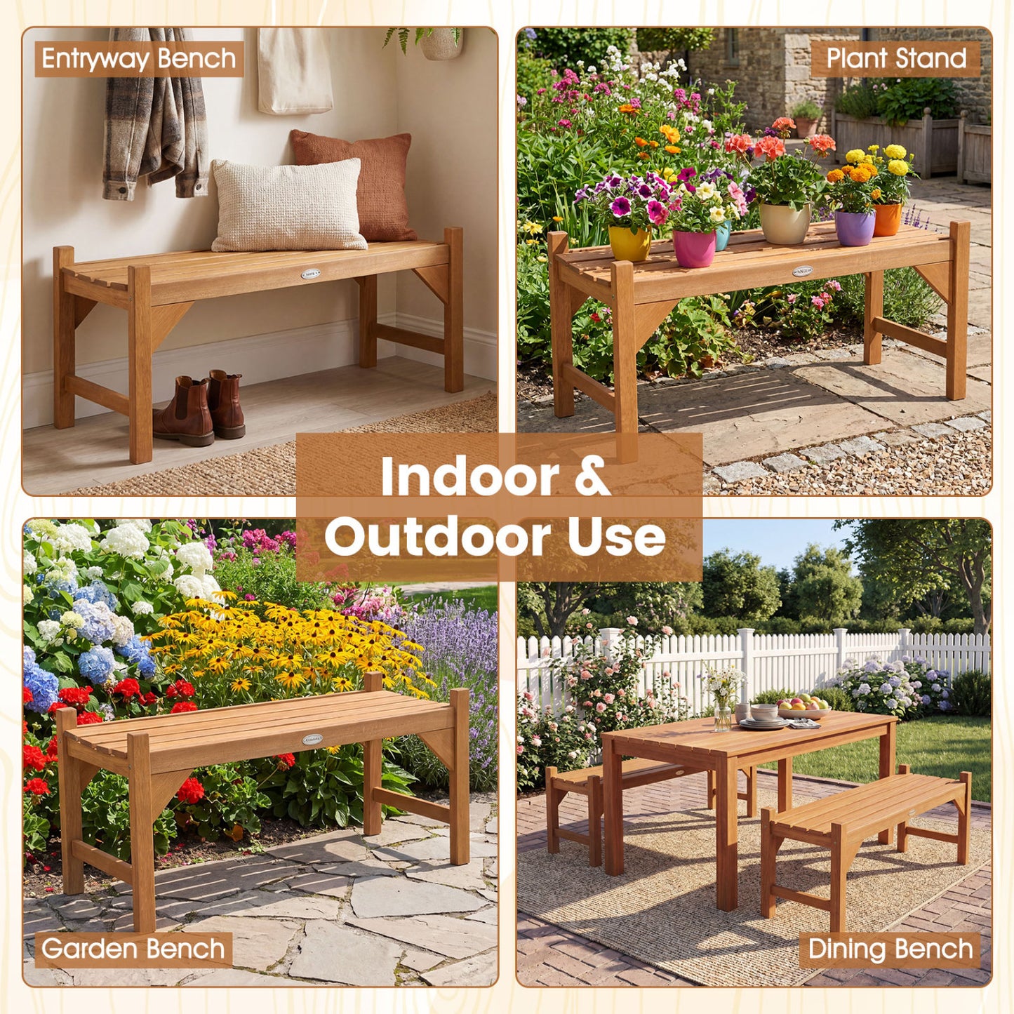 40 Inch Outdoor Bench with Slatted Contoured Seat for Deck Entryway-Set of 2, Natural Outdoor Benches at Gallery Canada