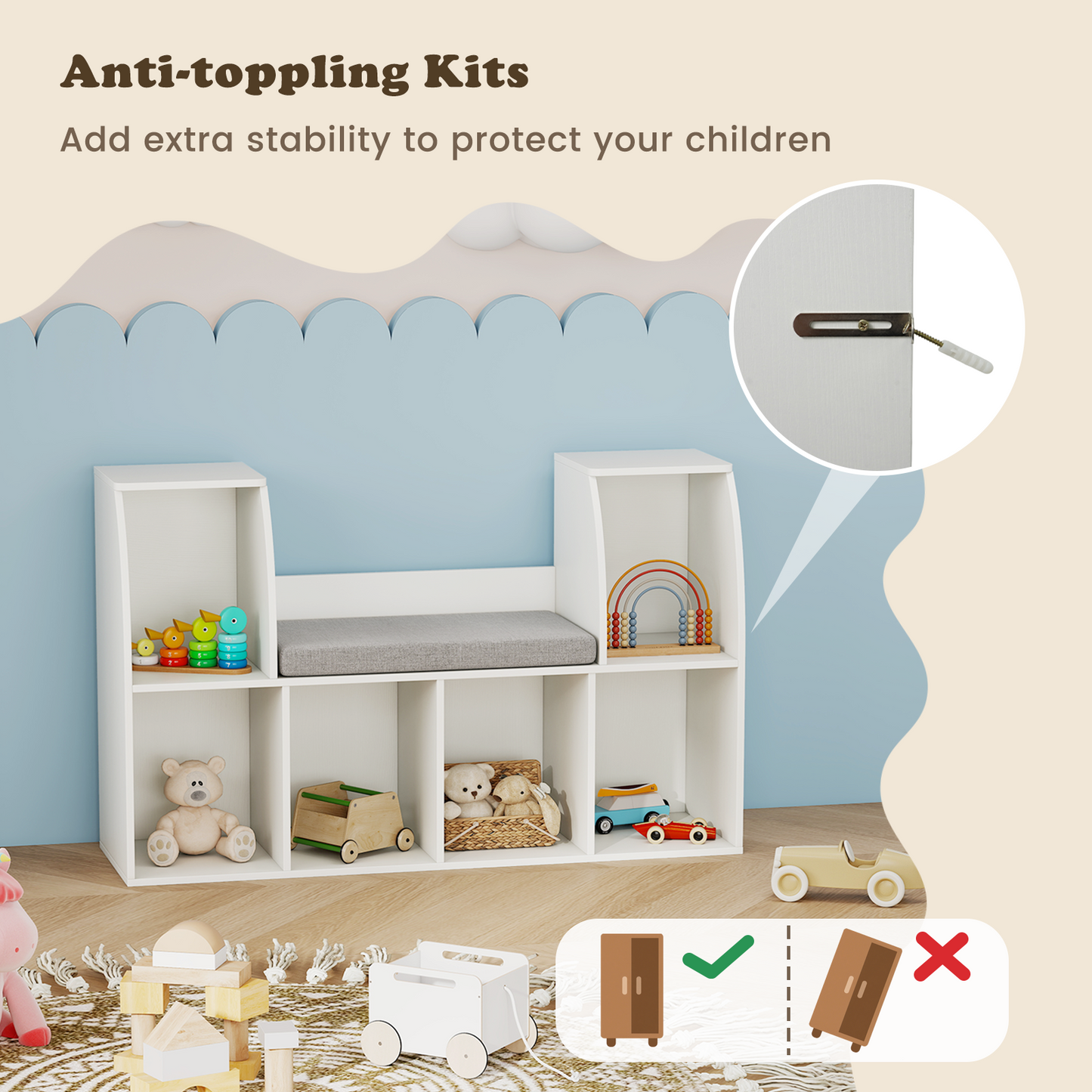 40 Inches Kids Bookshelf with Reading Nook Bookcase with 6 Open Cubes, White Kids Storage at Gallery Canada