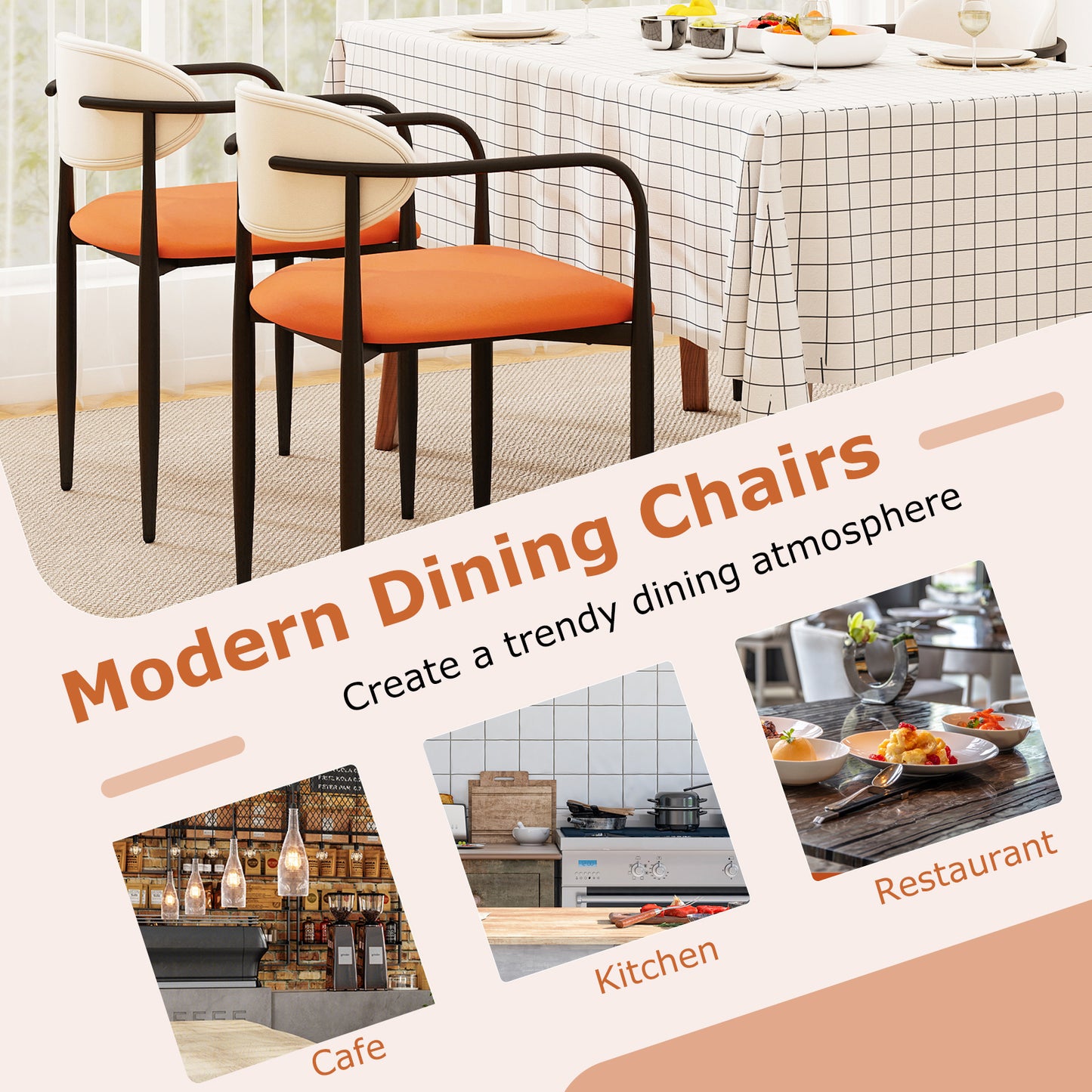 Modern Dining Chairs Set Of 2, Padded Seat, Curved Back, Orange Dining Chairs at Gallery Canada