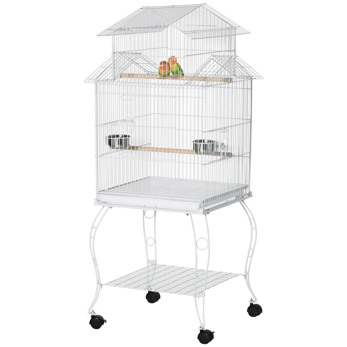 53.9'' Large Rolling Bird Cage with Stand, Shelf, Perch, White Bird Cages at Gallery Canada