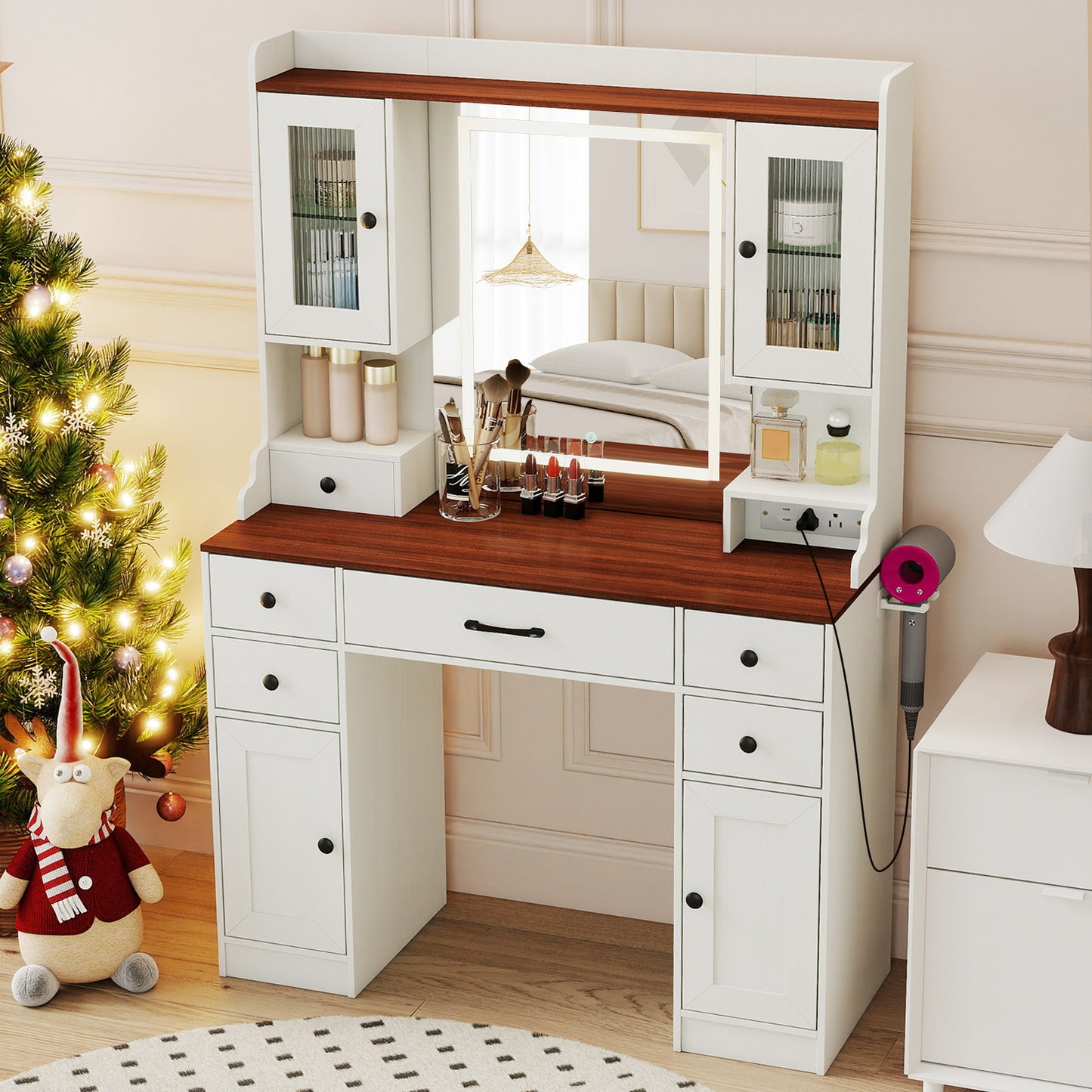 41.5 Inch Makeup Dressing Table with Power Outlets and 3 Color Lighting Modes-WH+, White