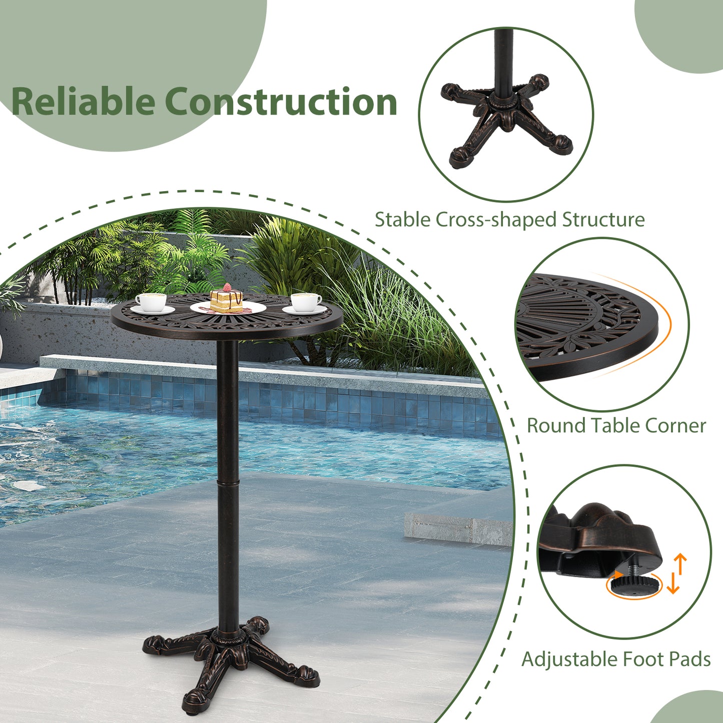 41.5 Inch Patio Round Bar Table Cast Aluminum Bistro Table for Garden, Bronze Patio Coffee Tables at Gallery Canada