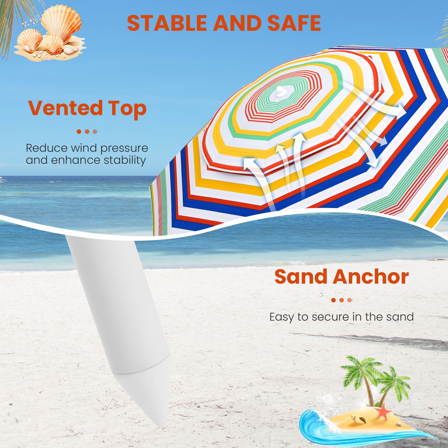 6.5 Feet Beach Umbrella, UPF50+ Sun Protection, Push Button Tilt, Colorful Outdoor Umbrellas at Gallery Canada
