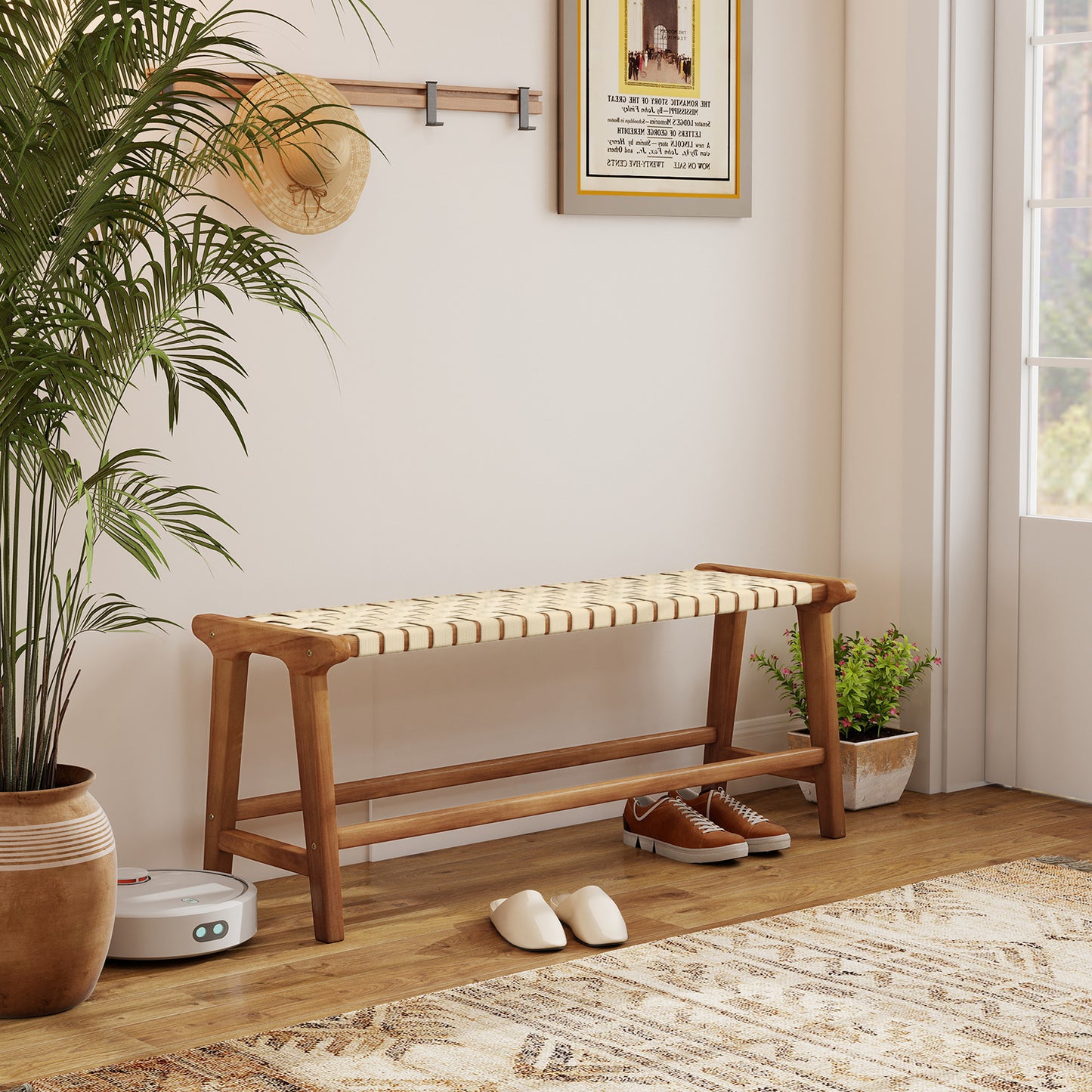 47 Inches Long Teak Wood Patio Bench, Weave Seat, Solid Wood Legs, Natural Dining Chairs at Gallery Canada