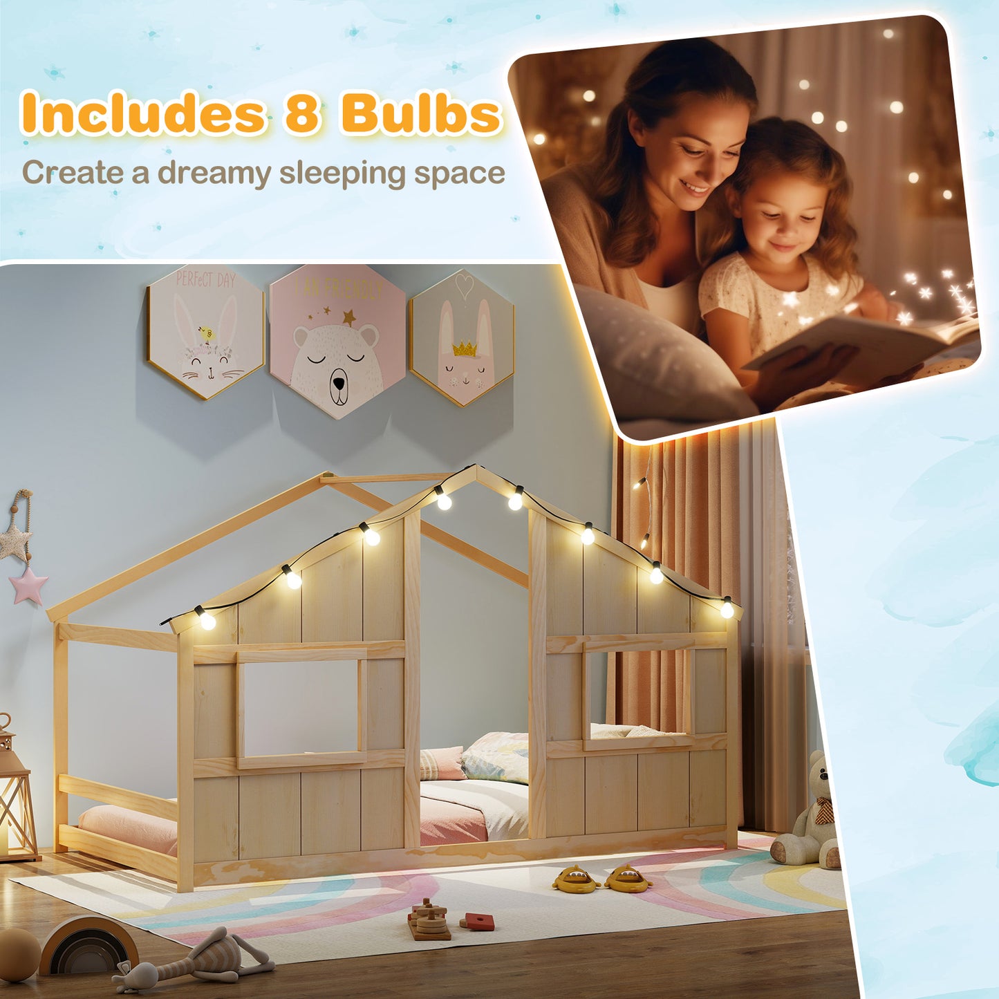 Twin Size House Bed With LED Lights, Montessori Slat-Free Floor Bed, Natural Toddler Beds at Gallery Canada